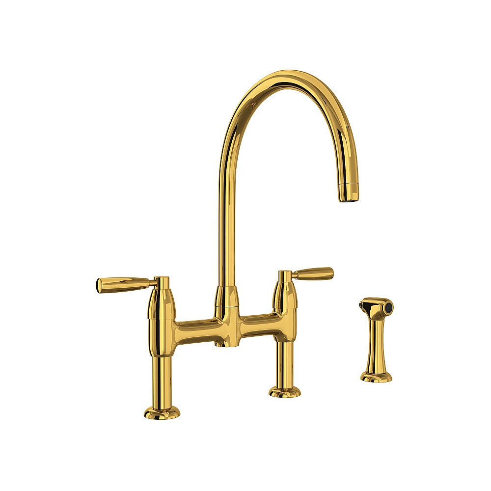 Perrin & Rowe U.4273LS-ULB-2 Holborn™ Bridge Kitchen Faucet With C-Spout and Side Spray - Unlacquered Brass