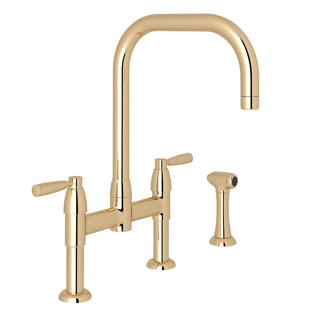 Perrin & Rowe U.4279LS-EG-2 Holborn™ Bridge Kitchen Faucet With U-Spout and Side Spray - English Gold