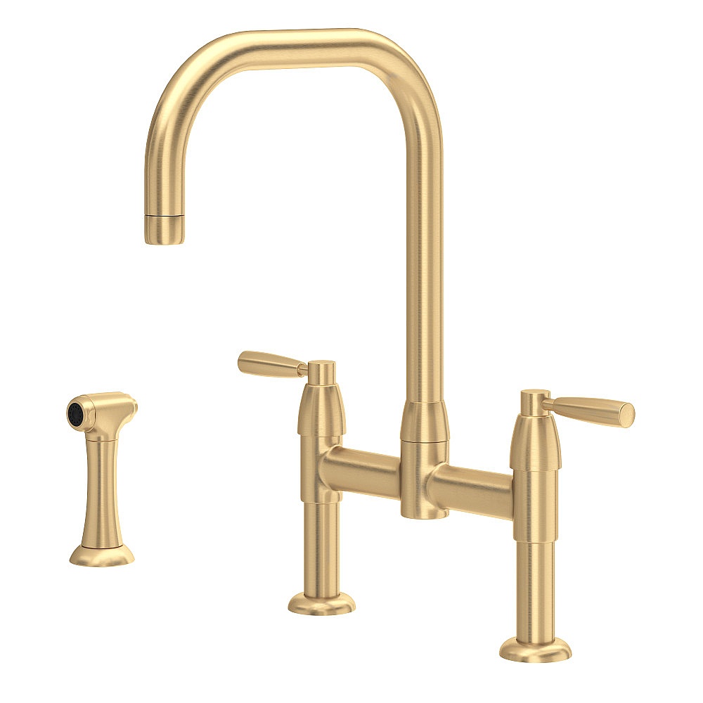 Perrin & Rowe U.4279LS-SEG-2 Holborn™ Bridge Kitchen Faucet With U-Spout and Side Spray - Satin English Gold