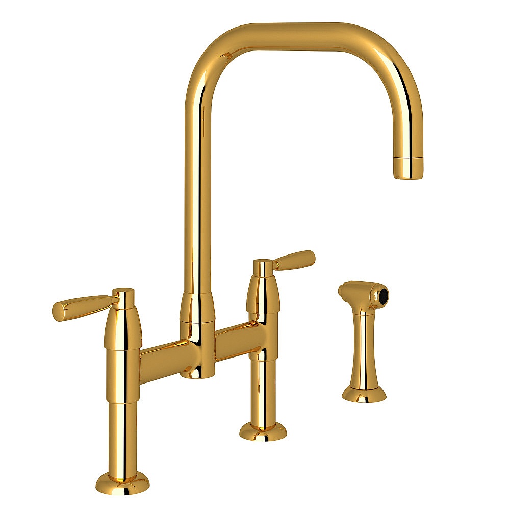 Perrin & Rowe U.4279LS-ULB-2 Holborn™ Bridge Kitchen Faucet With U-Spout and Side Spray - Unlacquered Brass