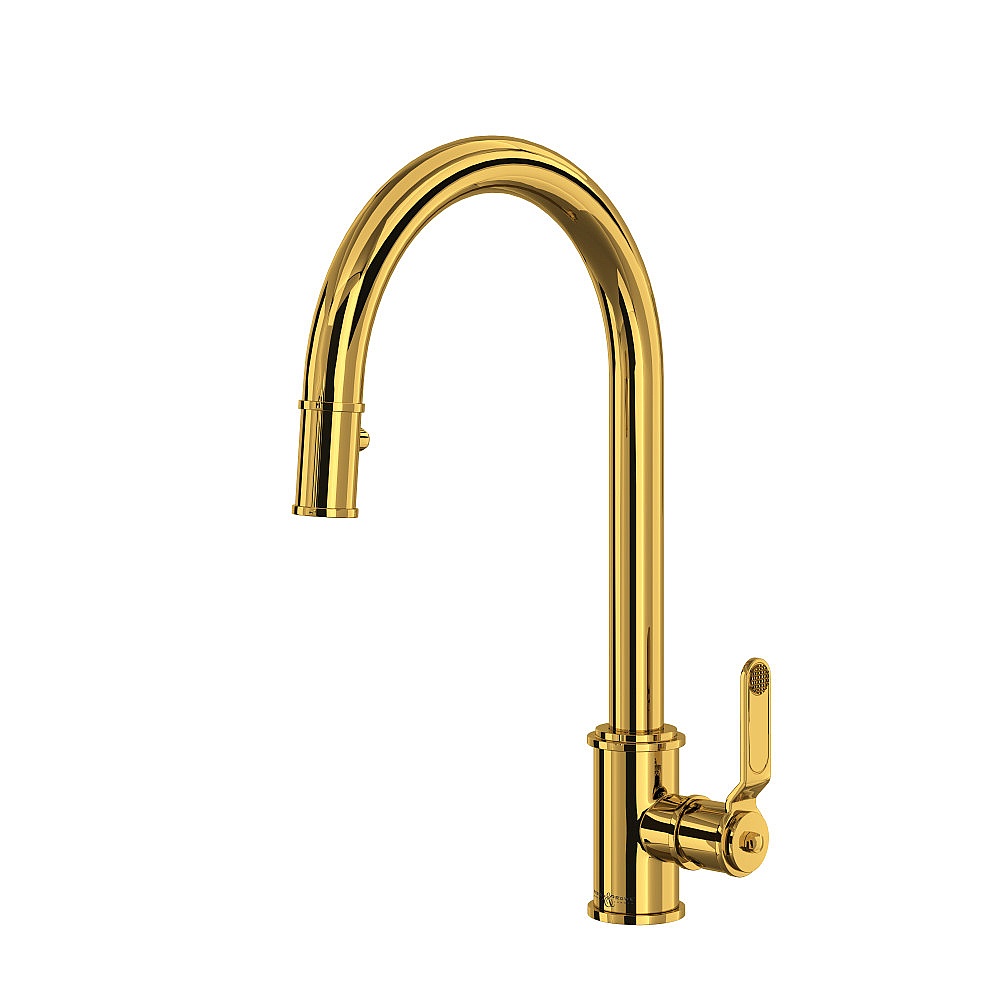 Perrin & Rowe U.4544HT-ULB-2 Armstrong™ Pull-Down Kitchen Faucet With C-Spout - Unlacquered Brass