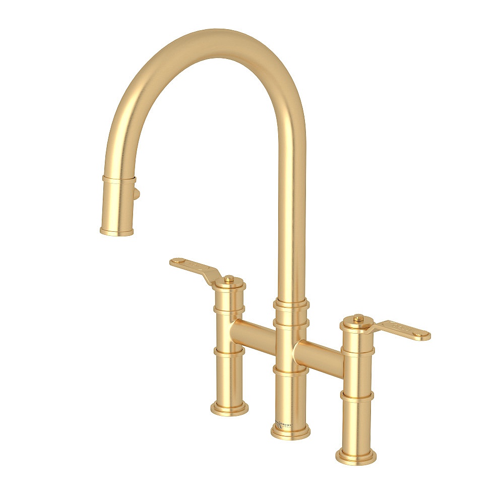 Perrin & Rowe U.4549HT-SEG-2 Armstrong™ Pull-Down Bridge Kitchen Faucet With C-Spout - Satin English Gold