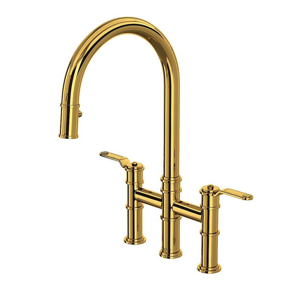 Perrin & Rowe U.4549HT-ULB-2 Armstrong™ Pull-Down Bridge Kitchen Faucet With C-Spout - Unlacquered Brass