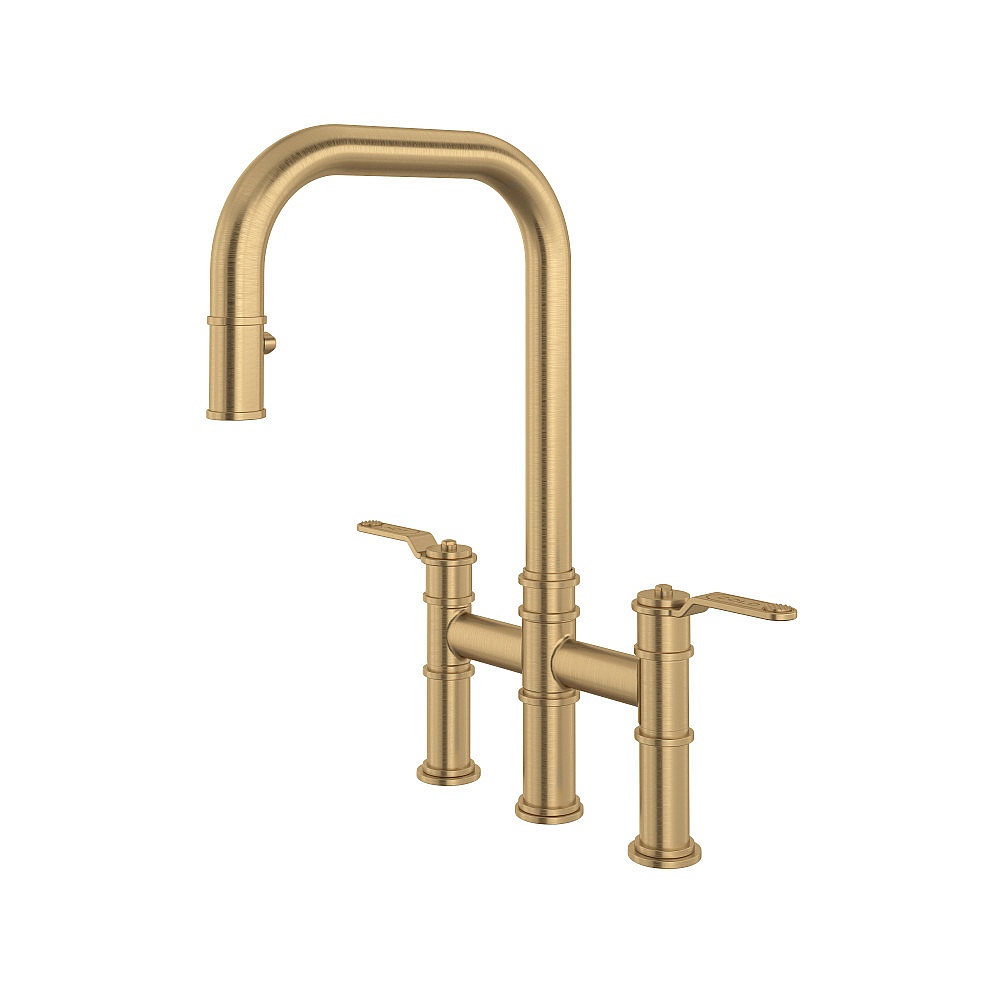 Perrin & Rowe U.4551HT-SEG-2 Armstrong™ Pull-Down Bridge Kitchen Faucet With U-Spout - Satin English Gold