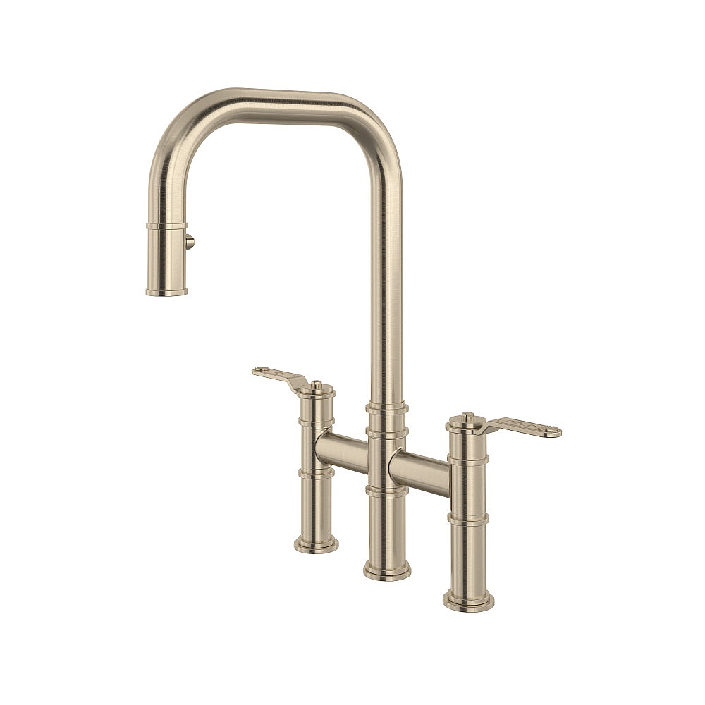 Perrin & Rowe U.4551HT-STN-2 Armstrong™ Pull-Down Bridge Kitchen Faucet With U-Spout - Satin Nickel