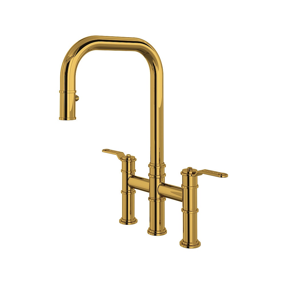 Perrin & Rowe U.4551HT-ULB-2 Armstrong™ Pull-Down Bridge Kitchen Faucet With U-Spout - Unlacquered Brass