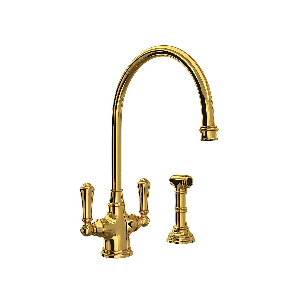 Perrin & Rowe U.4710ULB-2 Georgian Era™ Two Handle Kitchen Faucet With Side Spray - Unlacquered Brass