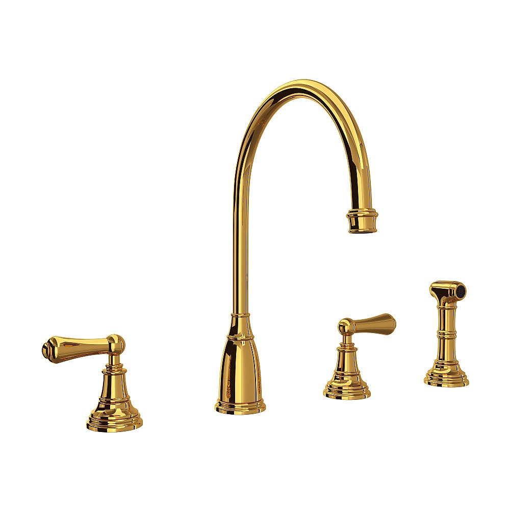 Perrin & Rowe U.4736L-ULB-2 Georgian Era™ Two Handle Kitchen Faucet With Side Spray - Unlacquered Brass