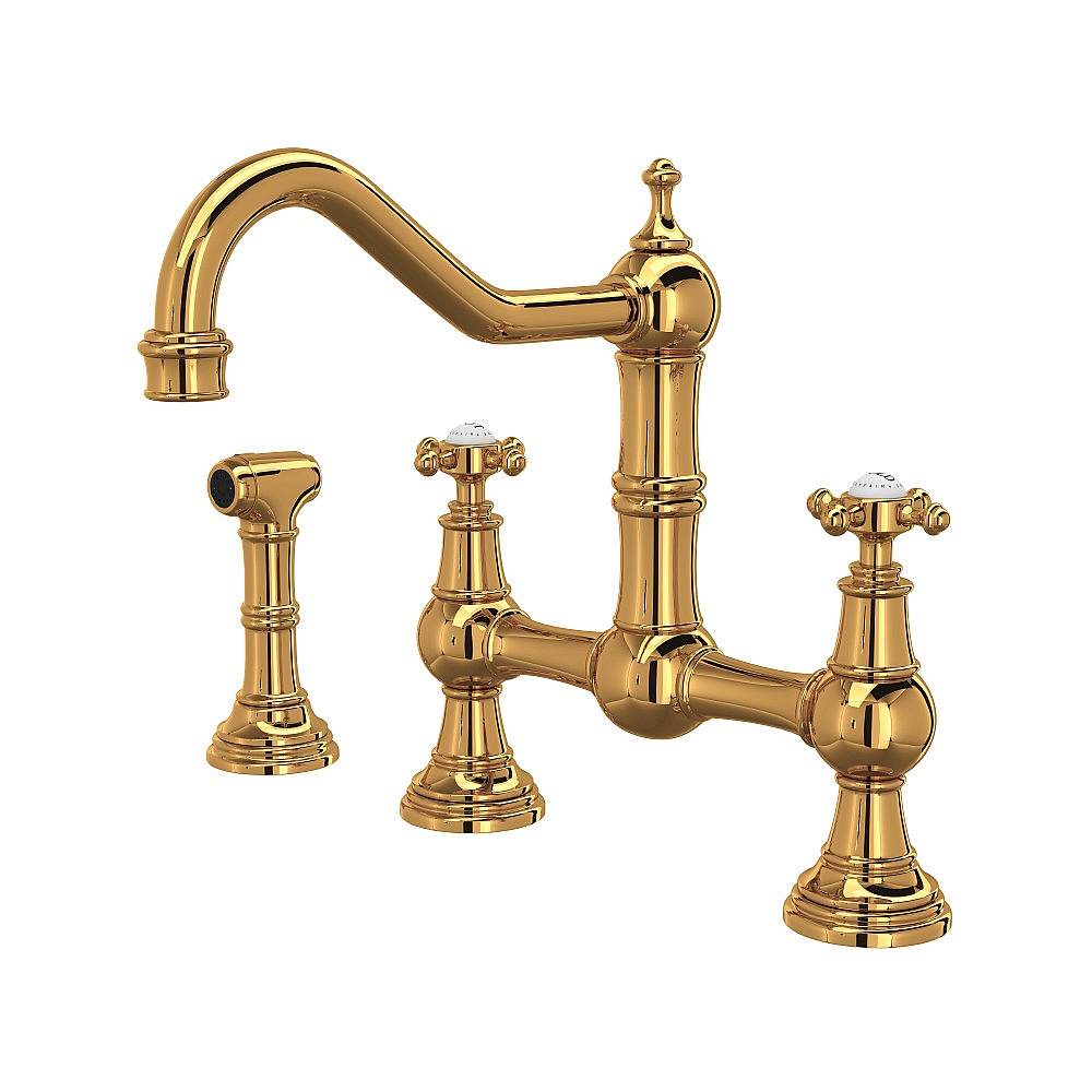 Perrin & Rowe U.4755X-EG-2 Edwardian™ Bridge Kitchen Faucet With Side Spray - English Gold