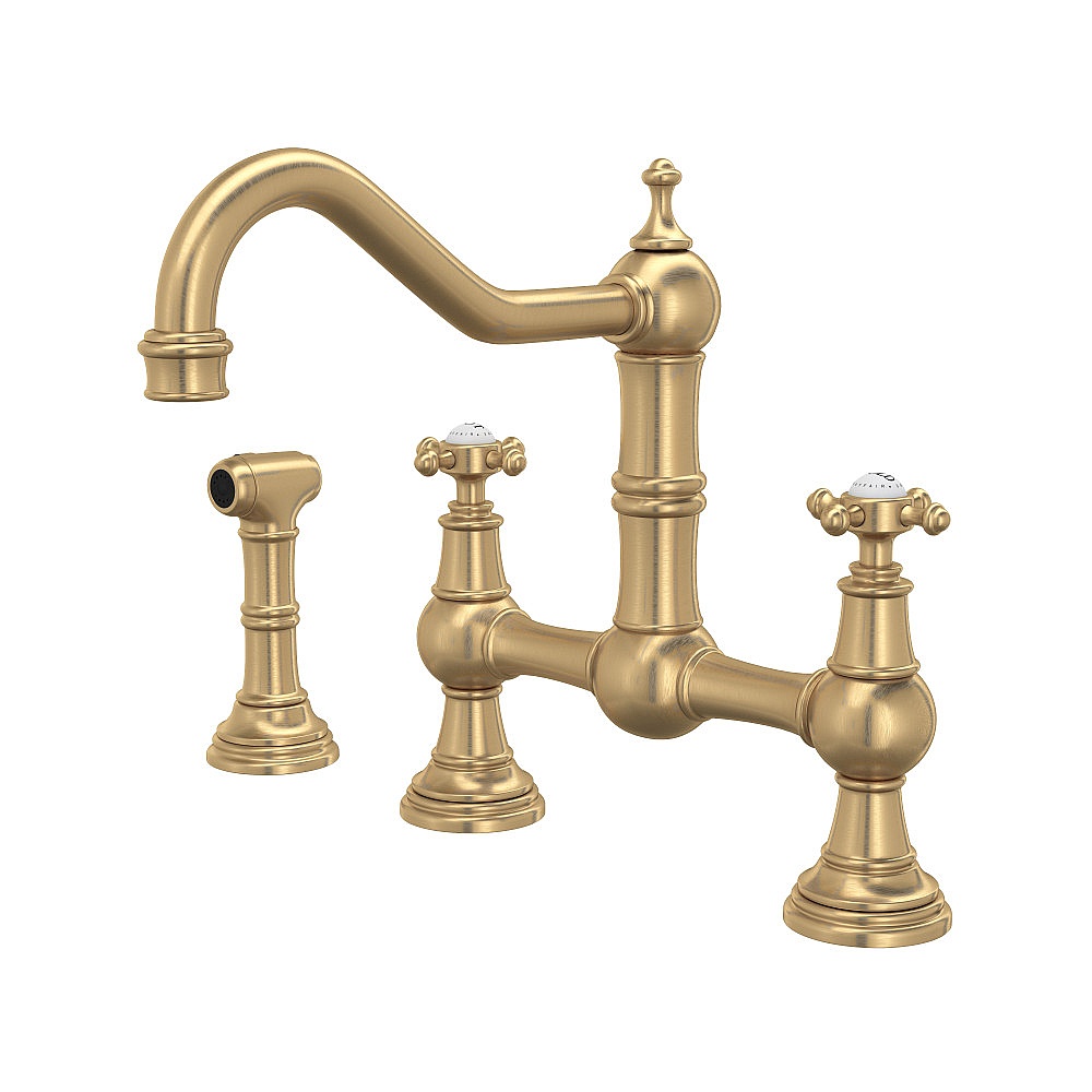 Perrin & Rowe U.4755X-SEG-2 Edwardian™ Bridge Kitchen Faucet With Side Spray - Satin English Gold