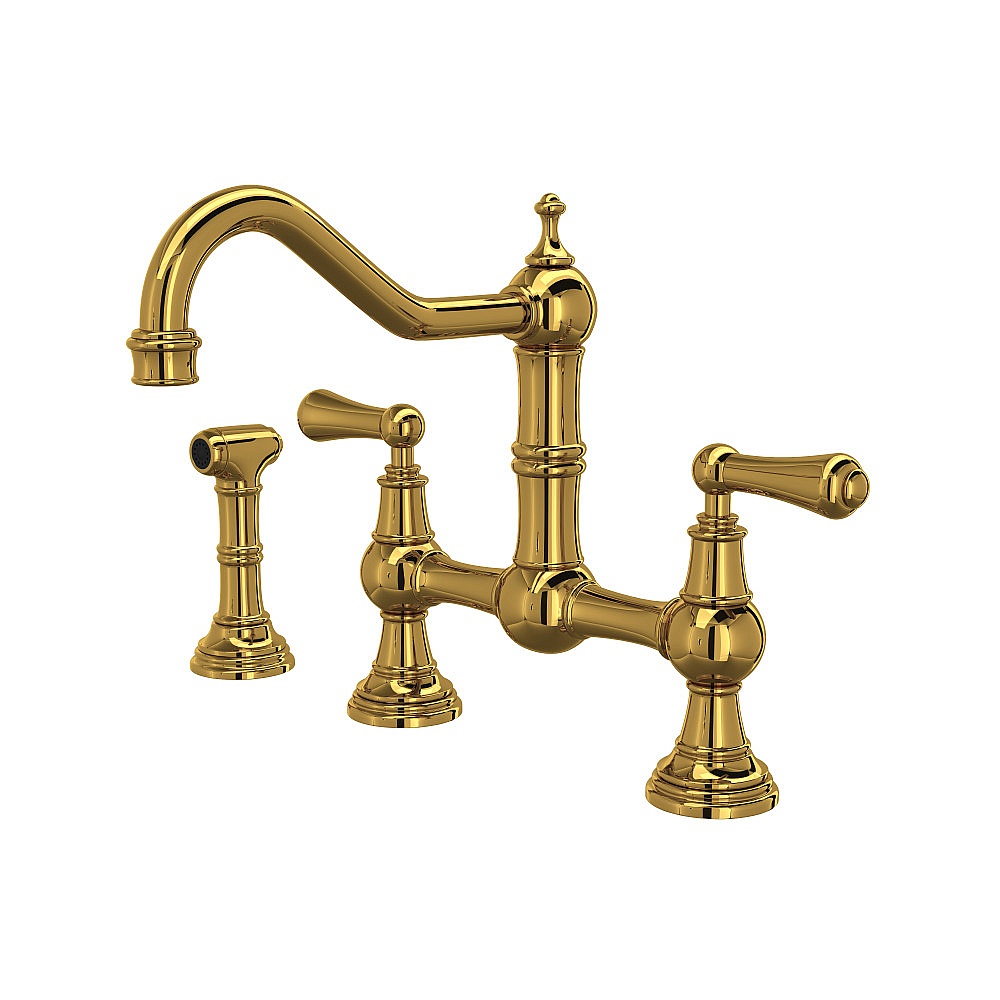 Perrin & Rowe U.4756L-ULB-2 Edwardian™ Bridge Kitchen Faucet With Side Spray - Unlacquered Brass