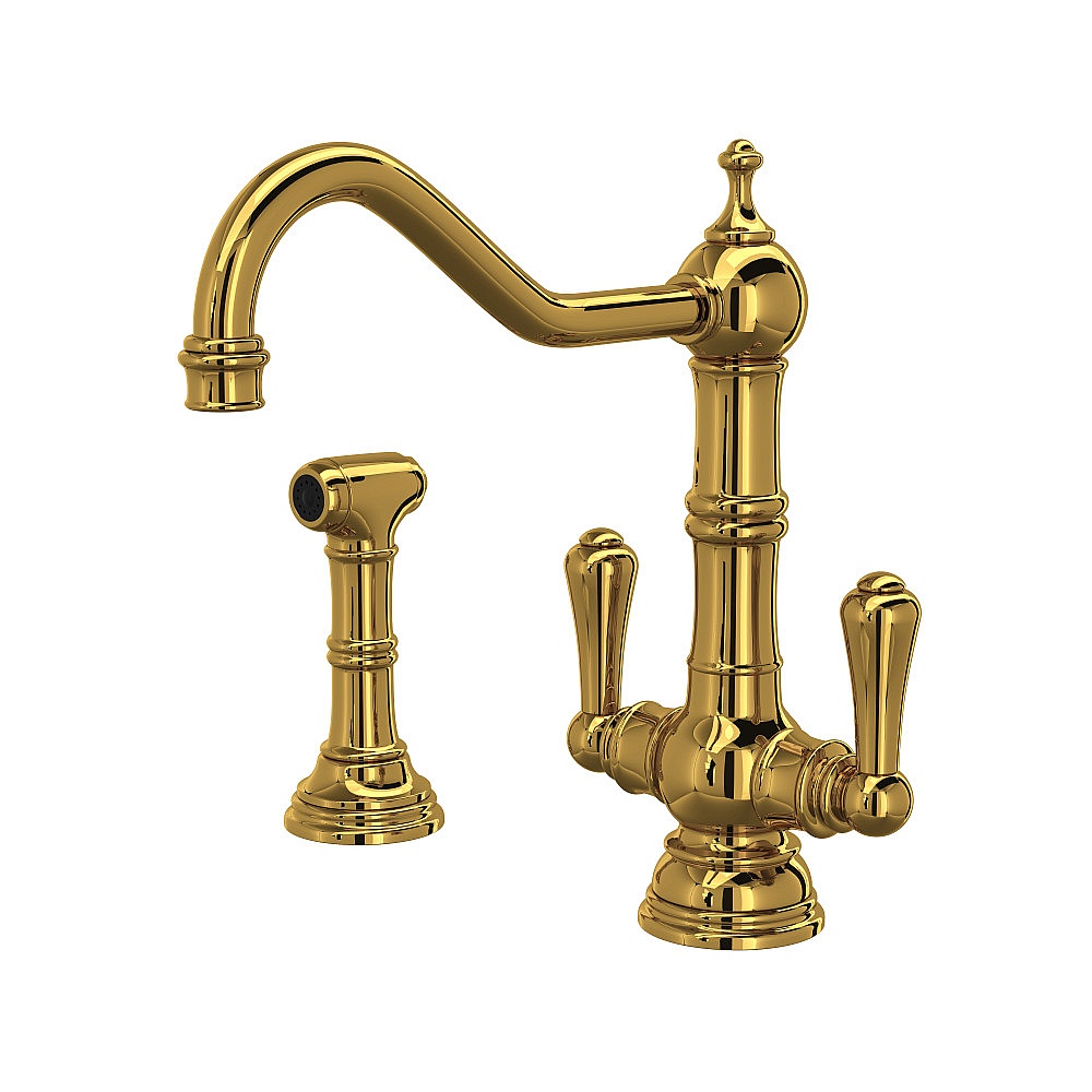 Perrin & Rowe U.4766ULB-2 Edwardian™ Two Handle Kitchen Faucet With Side Spray - Unlacquered Brass