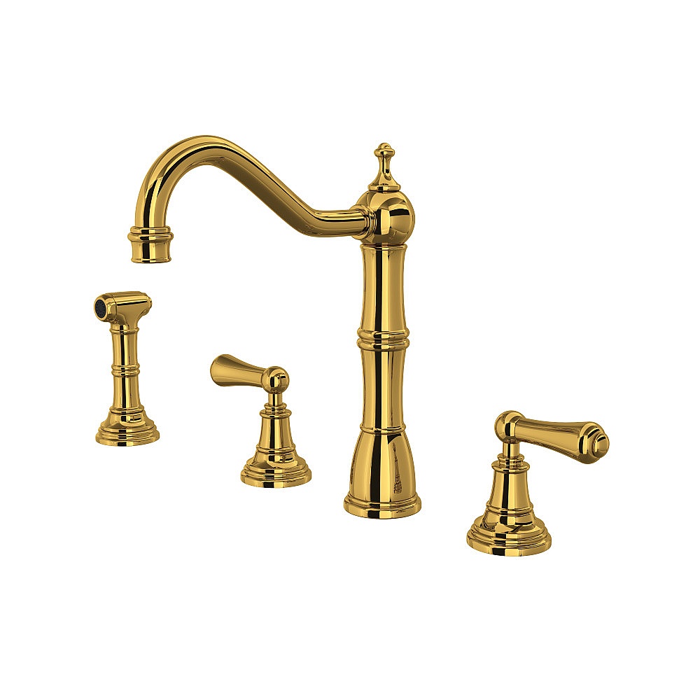Perrin & Rowe U.4776L-ULB-2 Edwardian™ Two Handle Kitchen Faucet With Side Spray - Unlacquered Brass