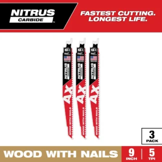 Milwaukee® 48-00-7352 9" 5 TPI AX™ with NITRUS™ Carbide Teeth SAWZALL® Blade for Wood with Nails, 3 Pack