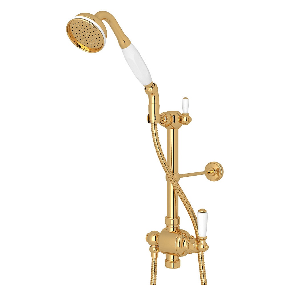 Perrin & Rowe U.5373NEG Riser Diverter, Handshower, Handshower Holder, Hose and 8" Thermostatic Outlet - English Gold