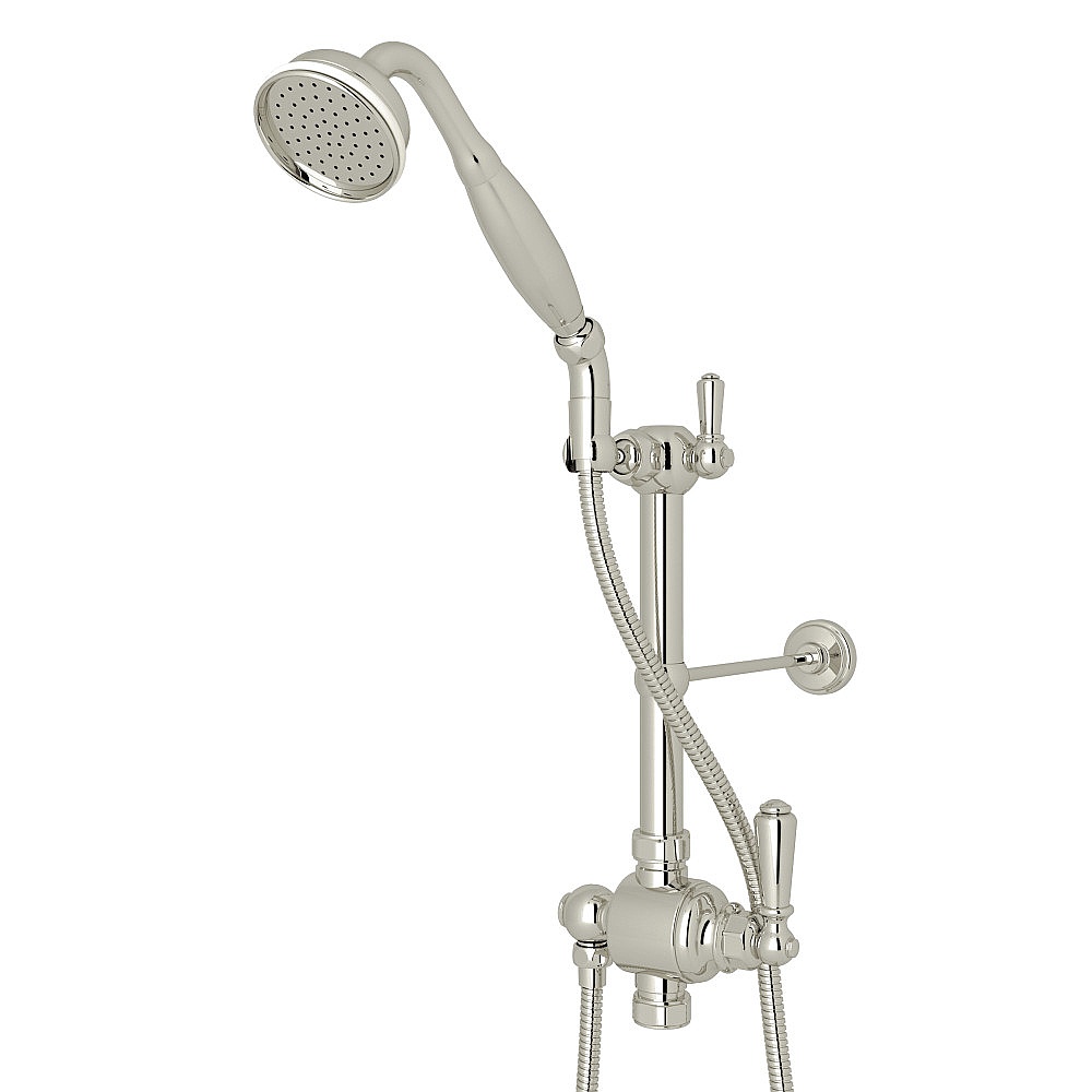Perrin & Rowe U.5373NLS-PN Riser Diverter, Handshower, Handshower Holder, Hose and 8" Thermostatic Outlet - Polished Nickel