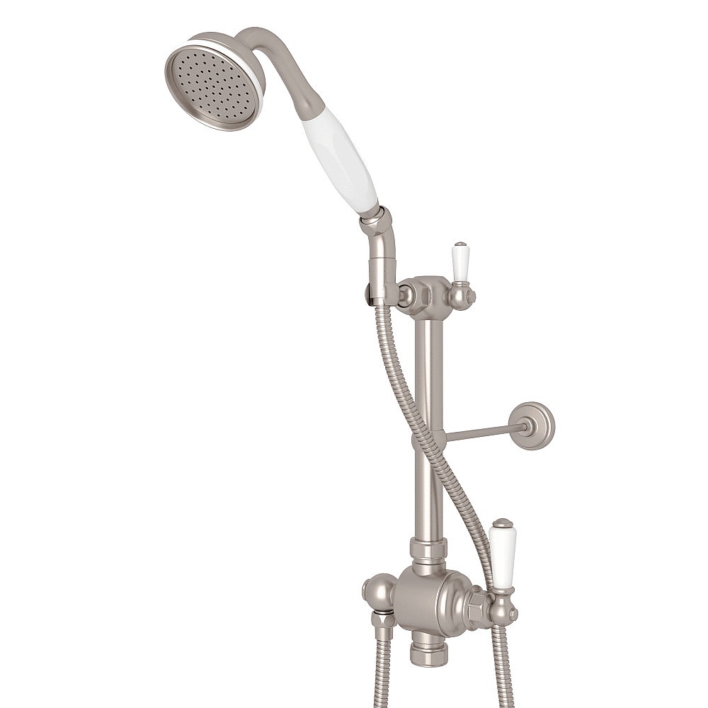 Perrin & Rowe U.5373NSTN Riser Diverter, Handshower, Handshower Holder, Hose and 8" Thermostatic Outlet - Satin Nickel