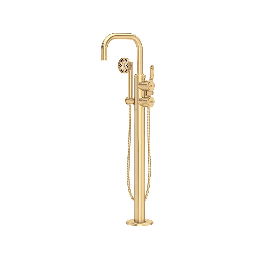 Perrin & Rowe U.TAR05F1HTSEG Armstrong™ Single Hole Floor Mount Tub Filler Trim With U-Spout - Satin English Gold