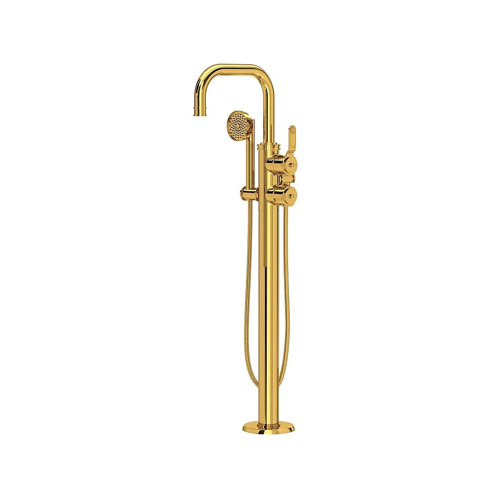 Perrin & Rowe U.TAR05F1HTULB Armstrong™ Single Hole Floor Mount Tub Filler Trim With U-Spout - Unlacquered Brass